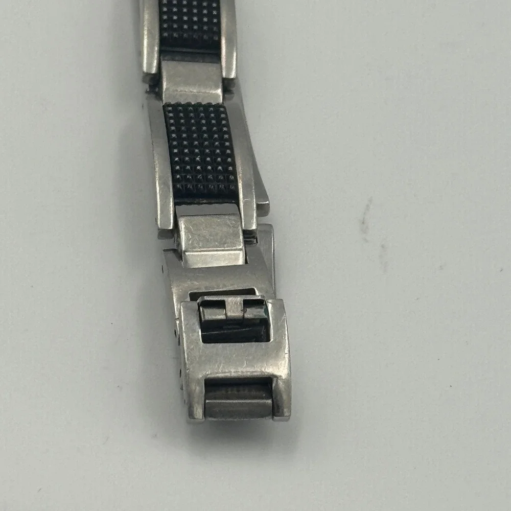 Mens Stainless Steel Link Bracelet‎ Silver Black Carbon Fiber Inlay Industrial